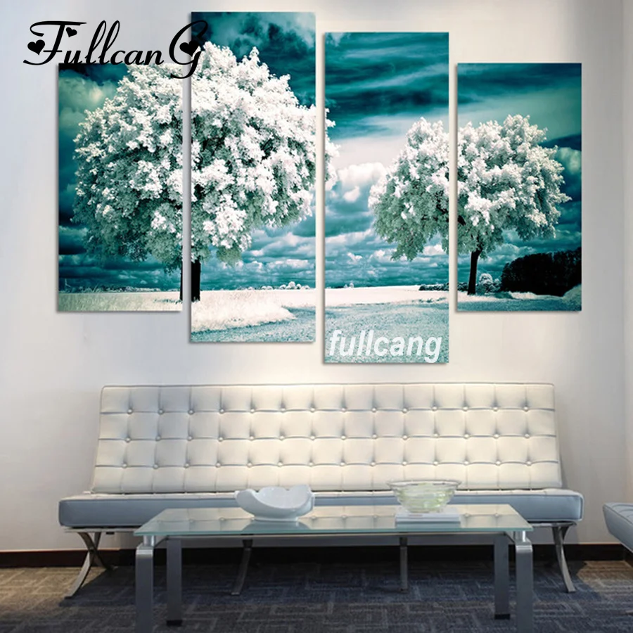 

FULLCANG Full Square Diamond Embroidery Snow Tree Diy 4PCS Diamond Painting Cross Stitch 5D Mosaic Home Decoration F1100