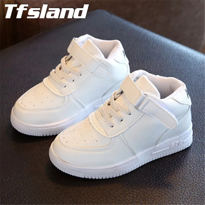 Image New Girls Boys Breathable White Shoes Children Leather Sports Shoes High Leisure Antislip Soft Bottom Flat Basket Kids  Sneakers