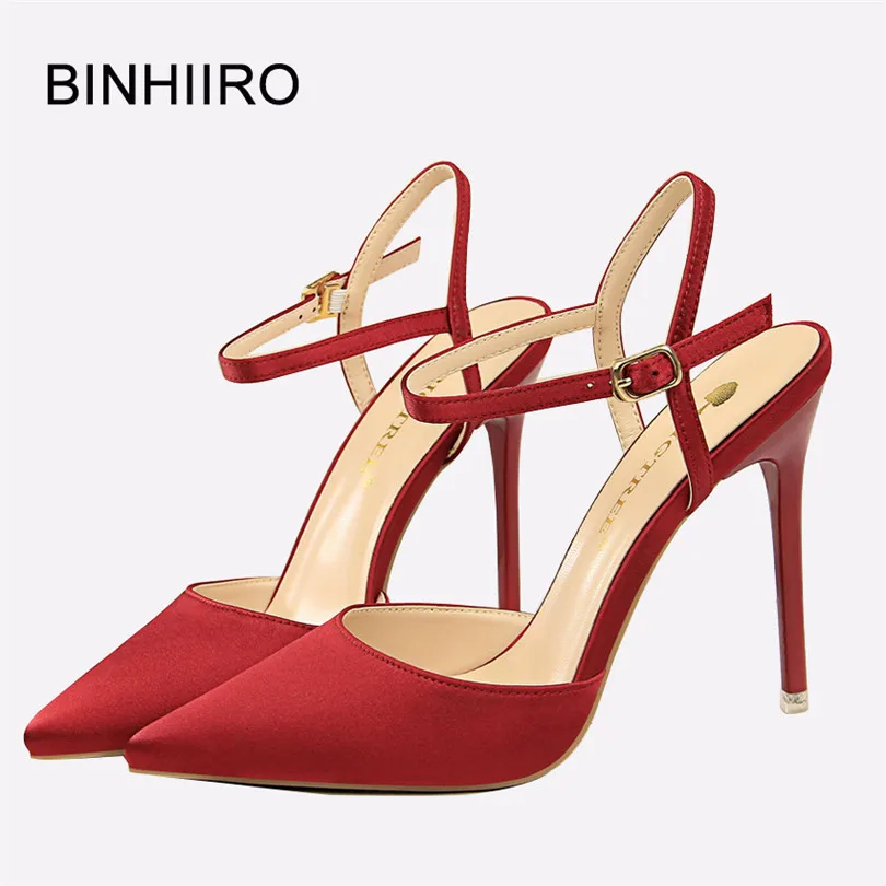 

BINHIIRO 2019 Summer Woman Satin Sandals Solid Pointed Toe Buckle Strap Thin Heels OL Office Sandals Sexy Party Femme Sandals