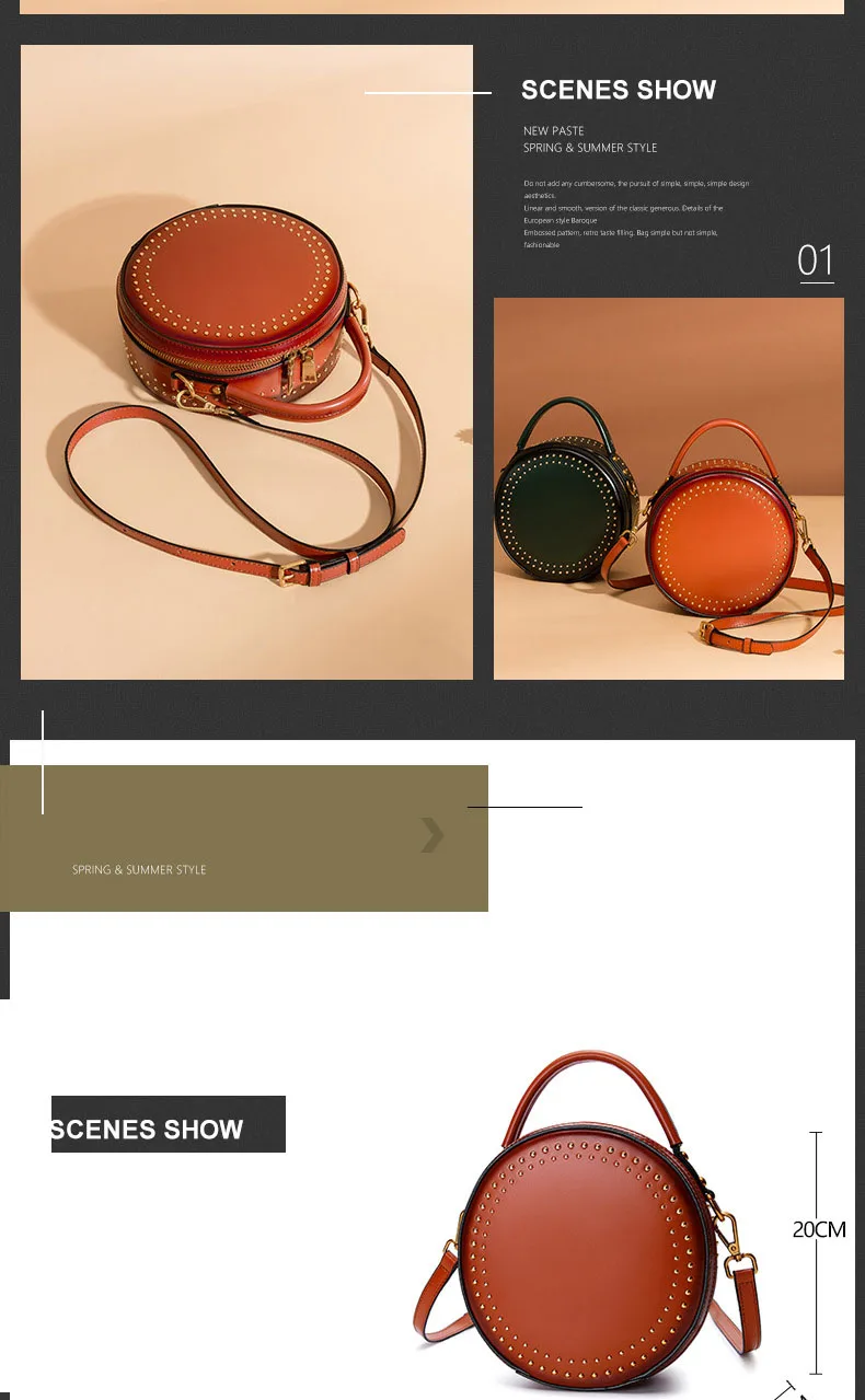 Branded fashion bags reather vintage round bag women's handbags genuine leather female bag (6)