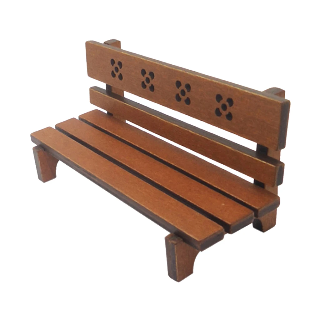 Dollhouse Miniature Outdoor Garden Chair Wooden Park Bench Long Chair Room Garden Furniture Accessories Brown