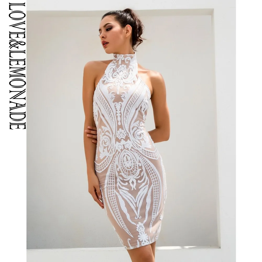Love&Lemonade Sexy White Retro Sequins Halo Bodycon Party Dress LM80008