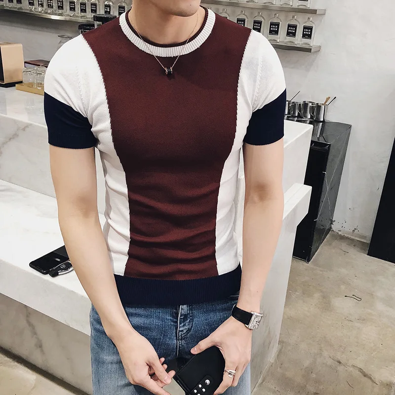 

Colorblock knit short sleeve handsome T-shirt male fashion British gentleman knitwear color matching temperament short sleeve