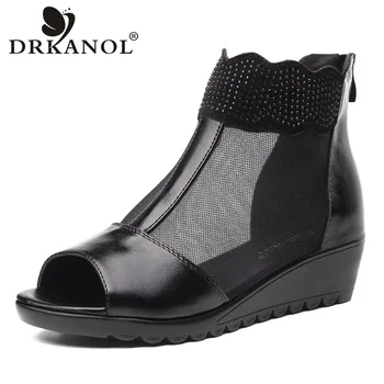 

DRKANOL New Arrival Wedge Sandals Women Shoes Genuine Leather Peep Toe Rhinestone Summer Women Sandals Zipper Ladies Shoes