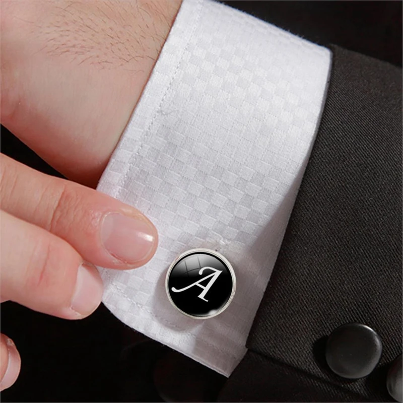 

QCOOLJLY 1 Pair Business White on Black Letters Men Suits Shirt Cuff Links Silver Plated Glass Cabochon Wedding Cuff Accessories
