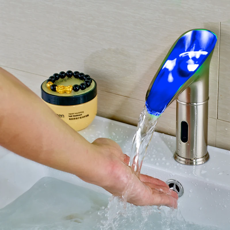 

Modern Sensor LED Color Nickle Brushed Bathroom Sink Faucet Single Hole Tap Cold water Faucet