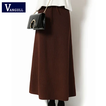 

VANGULL 2019 Winter New Women Knitted Skirt Autumn Casual Elastic Waist Warm Lace Up SKirts Female Plus Size Woolen A-line Skirt