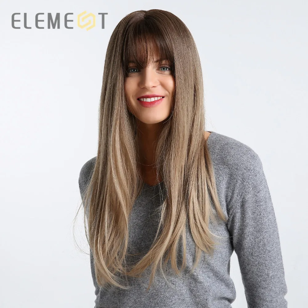 Элемент 26 дюймов синтетический парик с длинными волосами с челкой высокой плотности темно корень натуральный заголовок жаропрочных волос парики для Для женщин 3 цвета купить на AliExpress