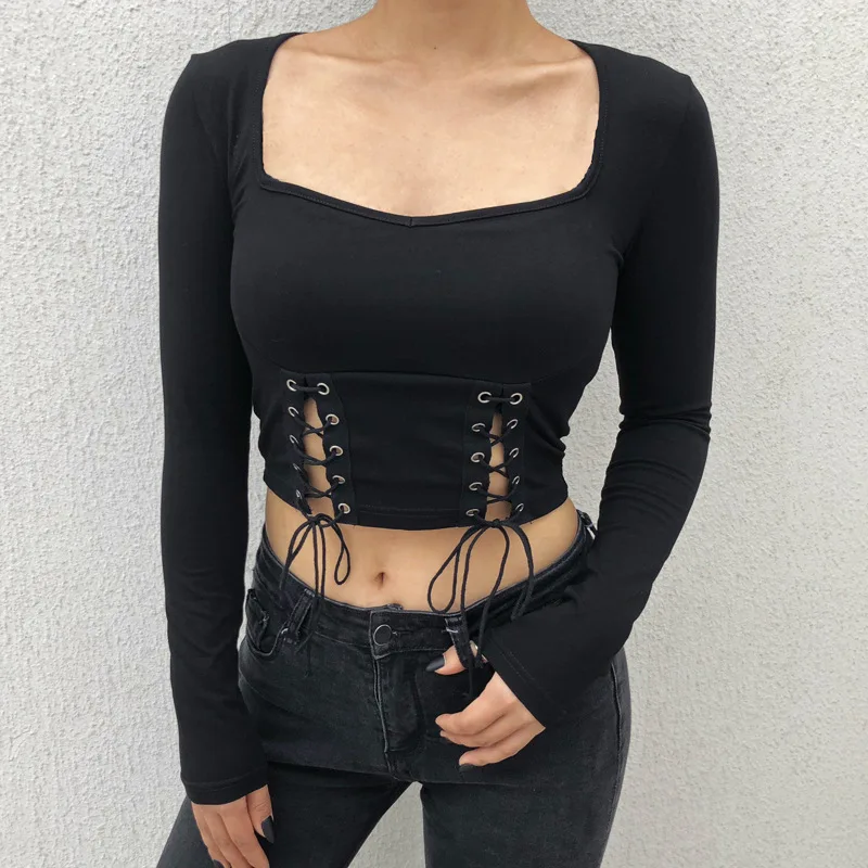 

YYXZ Fashion Slim Solid Color Lace-up Long Sleeve Square Collar Lady Tee SML Woman Casual Short Cotton T-Shirt Tight Crop Top