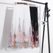 JSXDHK Новинка г. летняя сетчатая юбка в складку с мультяшным принтом женский модный высокий комплект пуловер+ кожаная юбка дутая длинная Праздничная юбка