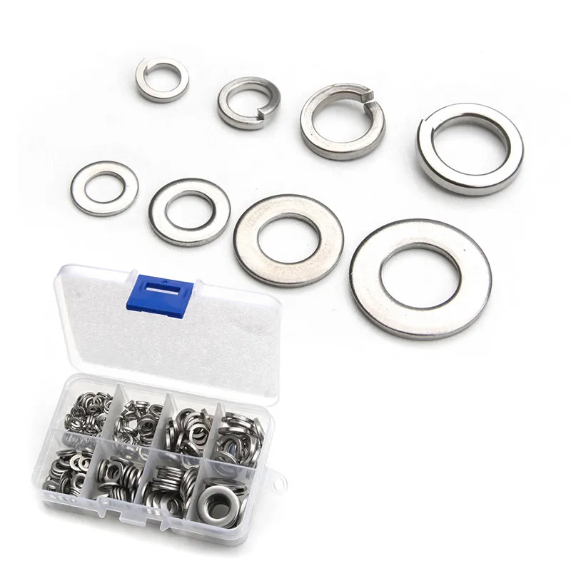 

200PCS M5/M6/M8/M10 Durable Spring Washers Kit 304 Stainless Steel 4Sizes Assorted Flat Washer Set For Hardware Accessories