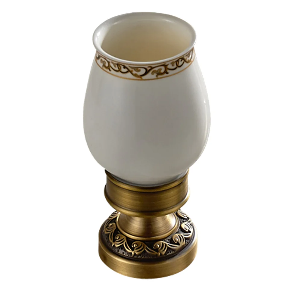 Лейден античная латунь/Orb резные цветочным узором Зубная щётка держатель с одной керамики Медь чашка стакан Аксессуары для ванной комнаты