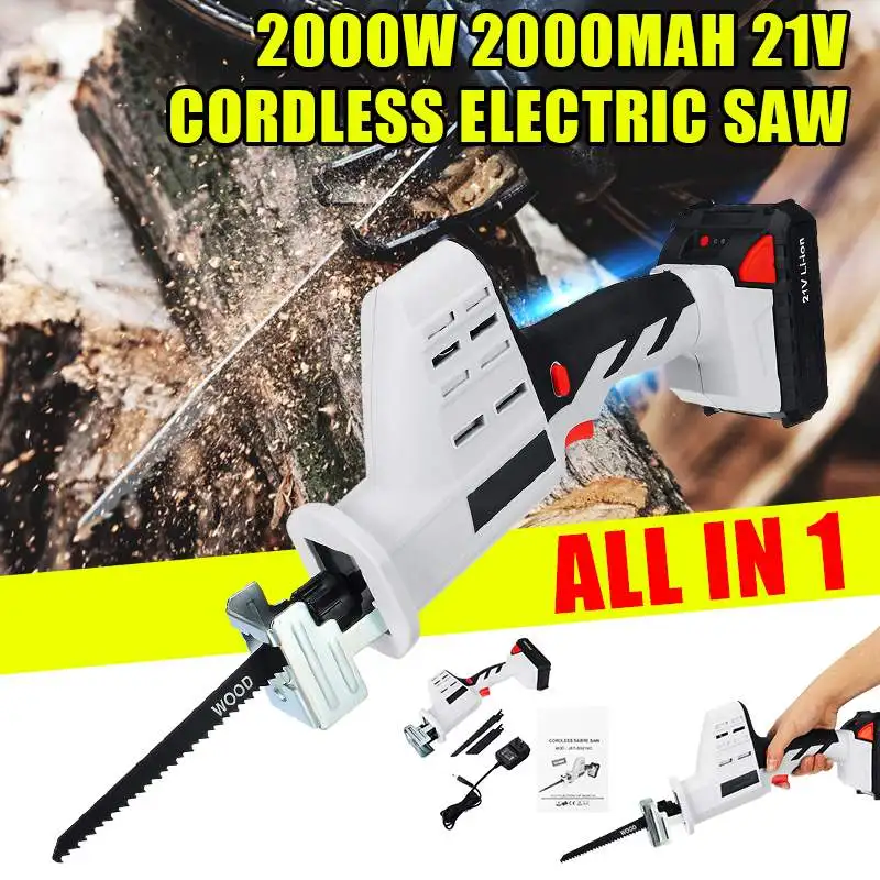 

21V 2000mAh Portable Cordless Electric Li-Ion Reciprocating Saw Wood Metal Saws Cutting Tool W/ 2 Blades Bort Saw Chain Saw