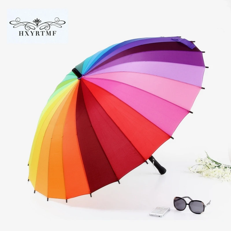 Высокое качество 24k ребра цвета радуги Мода длинная ручка прямой анти-УФ солнце/дождь палка зонтик ручной большой зонтик