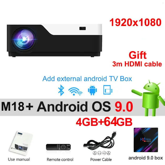 Vivicine M18 Full HD светодиодный проектор, дополнительно Android 9,0 HDMI USB PC 1080p домашний мультимедийный видеопроектор - Цвет: add android 9.0 64G