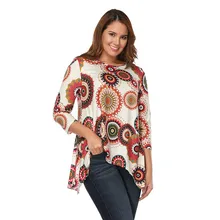 Женская Асимметричная футболка с оборками с круглым вырезом и цветочным принтом, 3/4 рукава, свободные повседневные топы, пуловер, летняя одежда, большие размеры