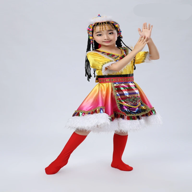 

Customized New Arrival Toddler Girls Show Performance Costumes Children Tibetan Exquisite Floral Headwear National Dance Dress