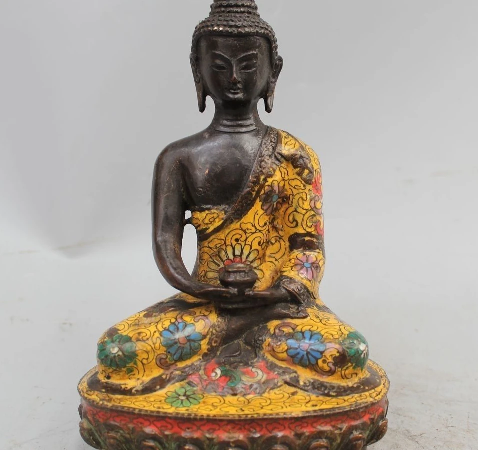 

8" Tibet Buddhism Cloisonne Bronze Gild Shakyamuni Amitabha Buddha Bowl Statue
