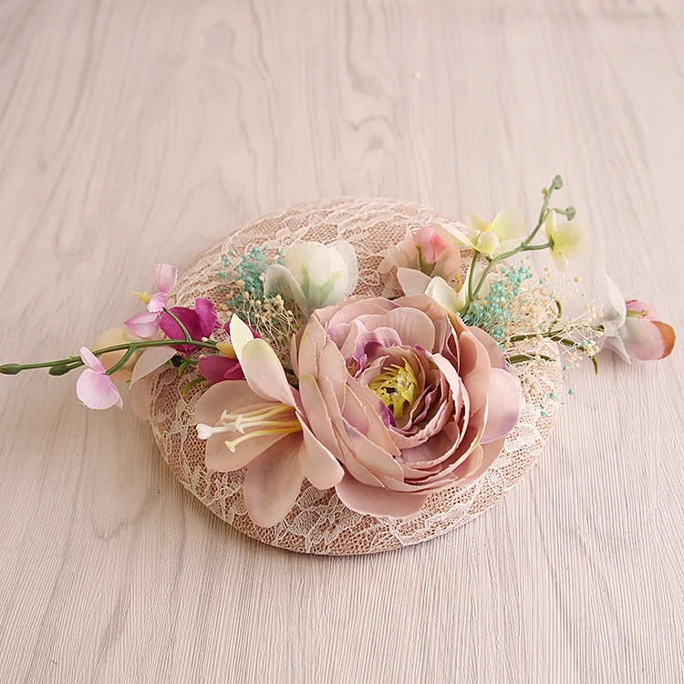 

Korean Style Pink Lace Linen Wedding Hat For Bride Fabric Flower Fascinator Top Hat Hair Clip Fashion Women Party Headdress New