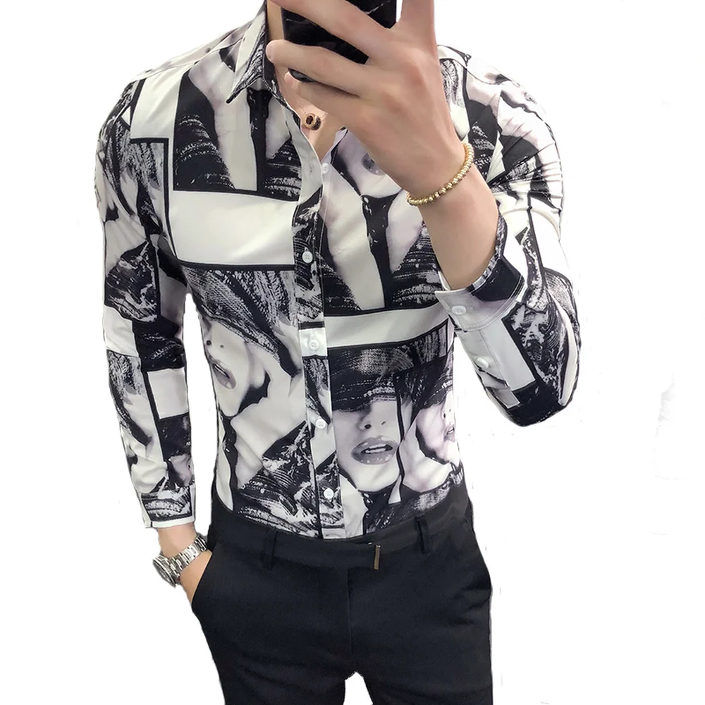 

Quality Autumn Men Shirt Personality Sexy Beauty Print Slim Fit Tuxedo Shirt Long Sleeve Casual Night Club Party Dress Shirts