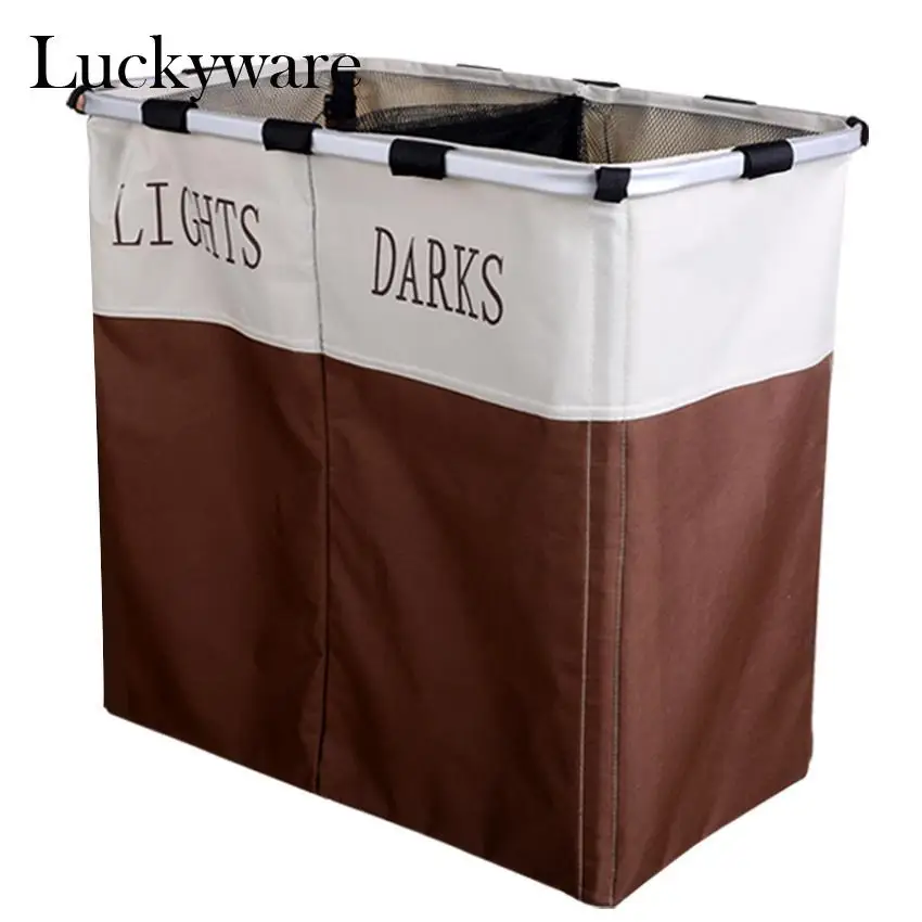 Double Sections Washing Sorter Laundry Basket 2 Storage Bin Foldable
