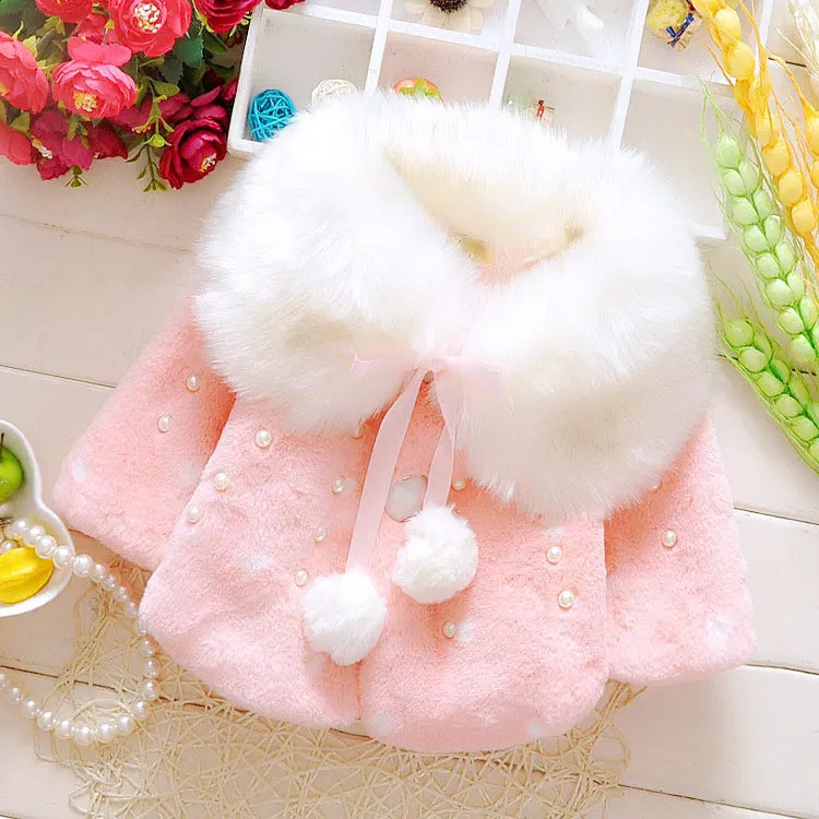Новая осенне-зимняя детская одежда детская розовая теплая Милая Белая куртка с плюшевой подкладкой и жемчужинами для малышей подходит для детей от 0 до 2 лет