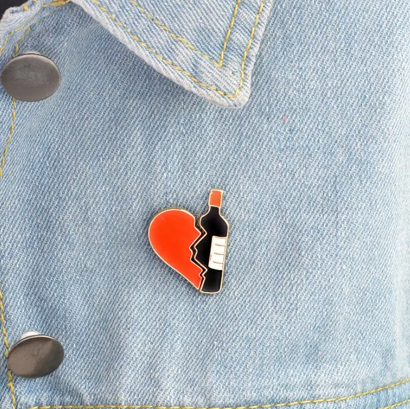 yiustar 2pcs set Broken heart and Red wine bottle Metal Brooch Pins DIY Sweater Pin Badge Gift Jewelry for women|metal brooch|pin badgesweater pins |