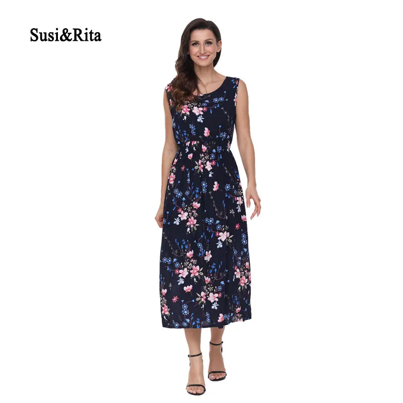 Susi&Rita Elegant Long Beach Dress Women Summer Floral Bohemian Dresses 2018 Casual Sleeveless Cotton Dress Vestidos Robe Femme