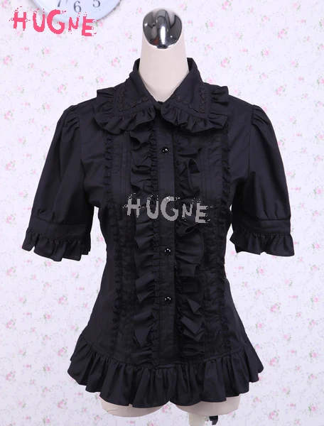 

Gothic Japanese Lolita fashion Cotton Ruffle Short Sleeve turn down collar Black Lolita Blouse tailor plus size