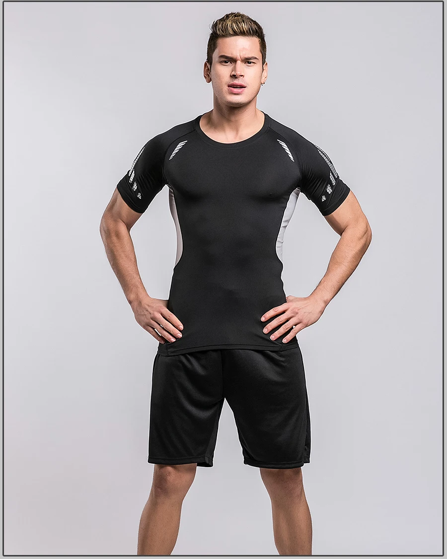 Мужской спортивный костюм для фитнеса, летние спортивные лосины, футболка с коротким рукавом+ быстросохнущие шорты для бега, тренировочный спортивный костюм из двух предметов