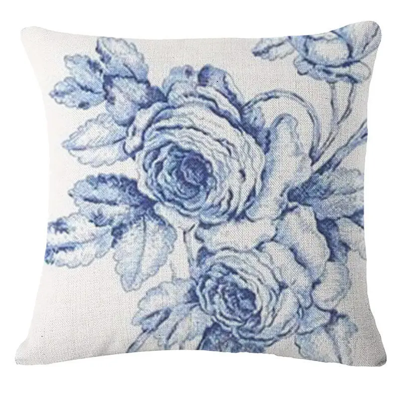 Chinese Style Vintage Blue Flowers Series Cushion Cover Cotton Linen Throw Pillow Case for Home Bedroom Decoration Pillowcase