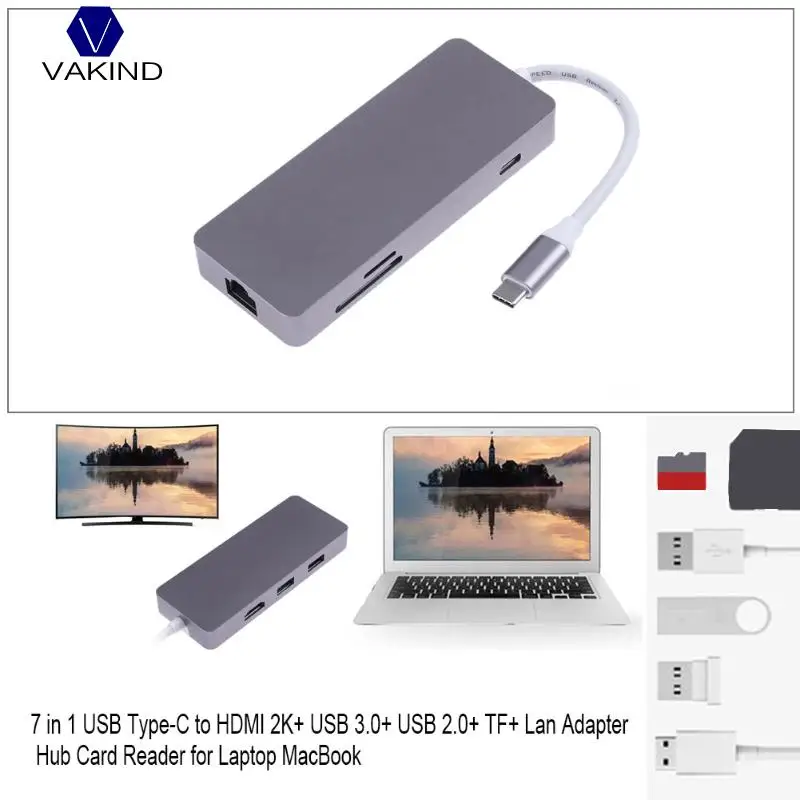 Цвета: золотистый, Серебристый Серый 7-в-1 Тип с разъемами типа C и HDMI+ USB3.0+ USB2.0+ TF+ сетевой Адаптер Hub Размеры 108*42,5*15,3 мм для ноутбука MacBook