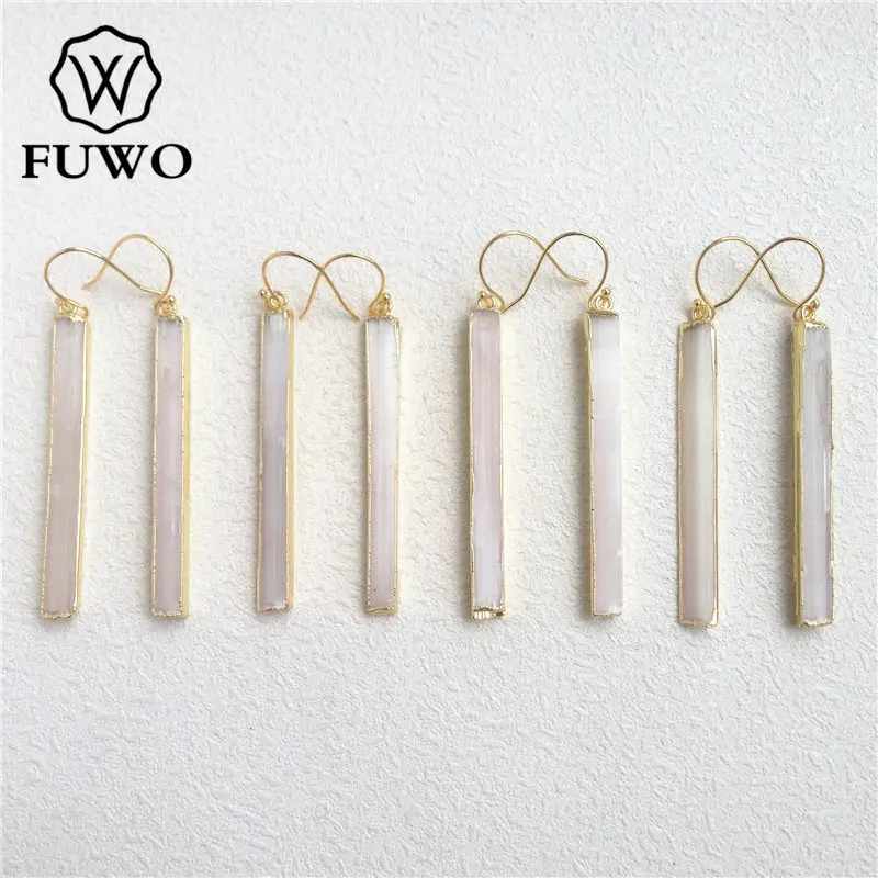 FUWO Wholesale Natural Selenite Earrings,Golden Plated Raw Crystal Blade Dangle Earring Jewelry For Women 5Pairs/Lot ER024
