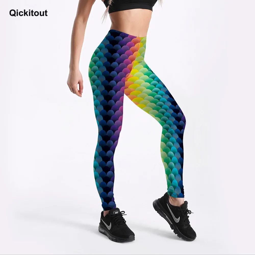Qickitout, сексуальные модные женские леггинсы, рыбья чешуя, Радужный цвет, градиентный рисунок, леггинсы для тренировок, фитнеса, штаны, осенний стиль