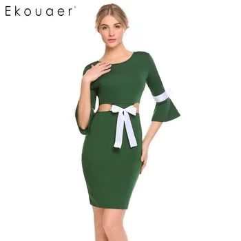

Ekouaer Elegant Women Dresses V-Neck 3/4 Flare Sleeve Patchwork Package Hip Bow Tie Sexy Dress Lady Office Wear Female Vestido