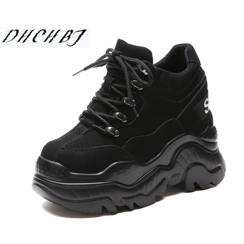 

Fashion Women Pumps Casual Platform Trainers Black Shoes 12 CM Heels Autumn Wedges Breathable Woman Height Increasing High Heels