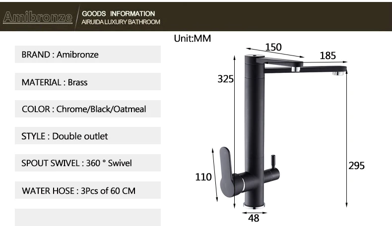 Amibronze латунь хром/черный смеситель Поворотный кран для питьевой воды 3 Way фильтр для воды очиститель Кухня Смесители Для затычка для раковины 9137 S