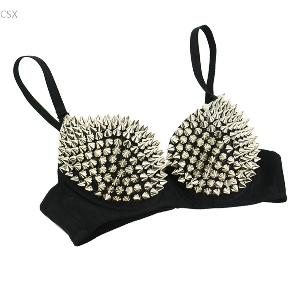 

Valentine's Day Sexy Bras Women Party Disco All-over Spike Rivet Stud Pattern Bra Sexy Bras for women Gold&silver color 18