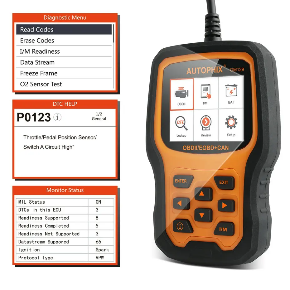 Autophix OM129 OBD2 Авто диагностический сканер мульти-Язык двигателя Батарея проверки данных в режиме реального времени ODB читатель Кода OBDII диагностический инструмент бесплатного обновления