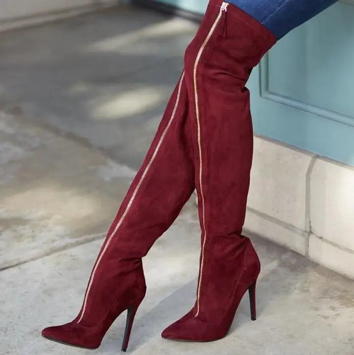 New Brand Women Sexy Burgundy Red Wine Suede Pointed Toe Gold Zip Front