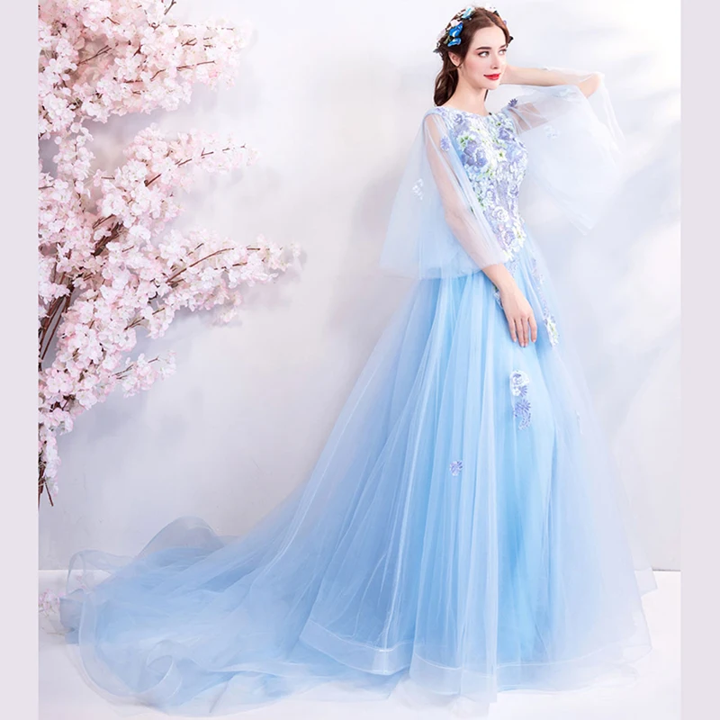 AXJFU принцесса синий кружево вечернее платье es Винтажное с отделкой бусинами кристалл О образным вырезом цветок синий оборками хвост 1268