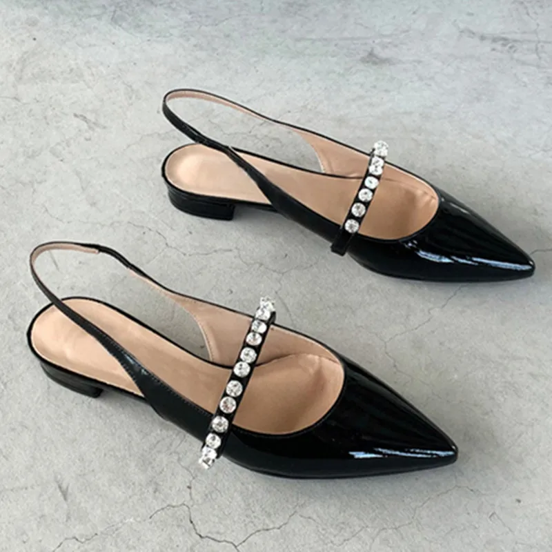 

Women's genuine patent leather slip-on flats single shoes pointed toe Rhinestone buckle female fashion summer sandalais shoes