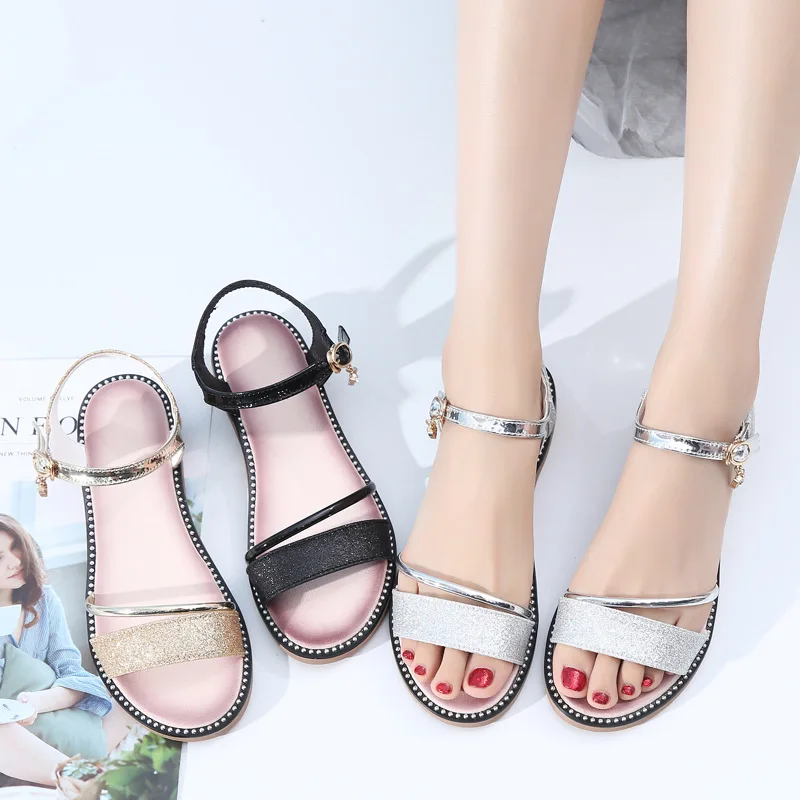 

Flat Sandal Shoe Rhinestone Sandals 2019 Summer All-Match Clogs Wedge Comfort Shoes For Women Women's Heels Open Toe Suit