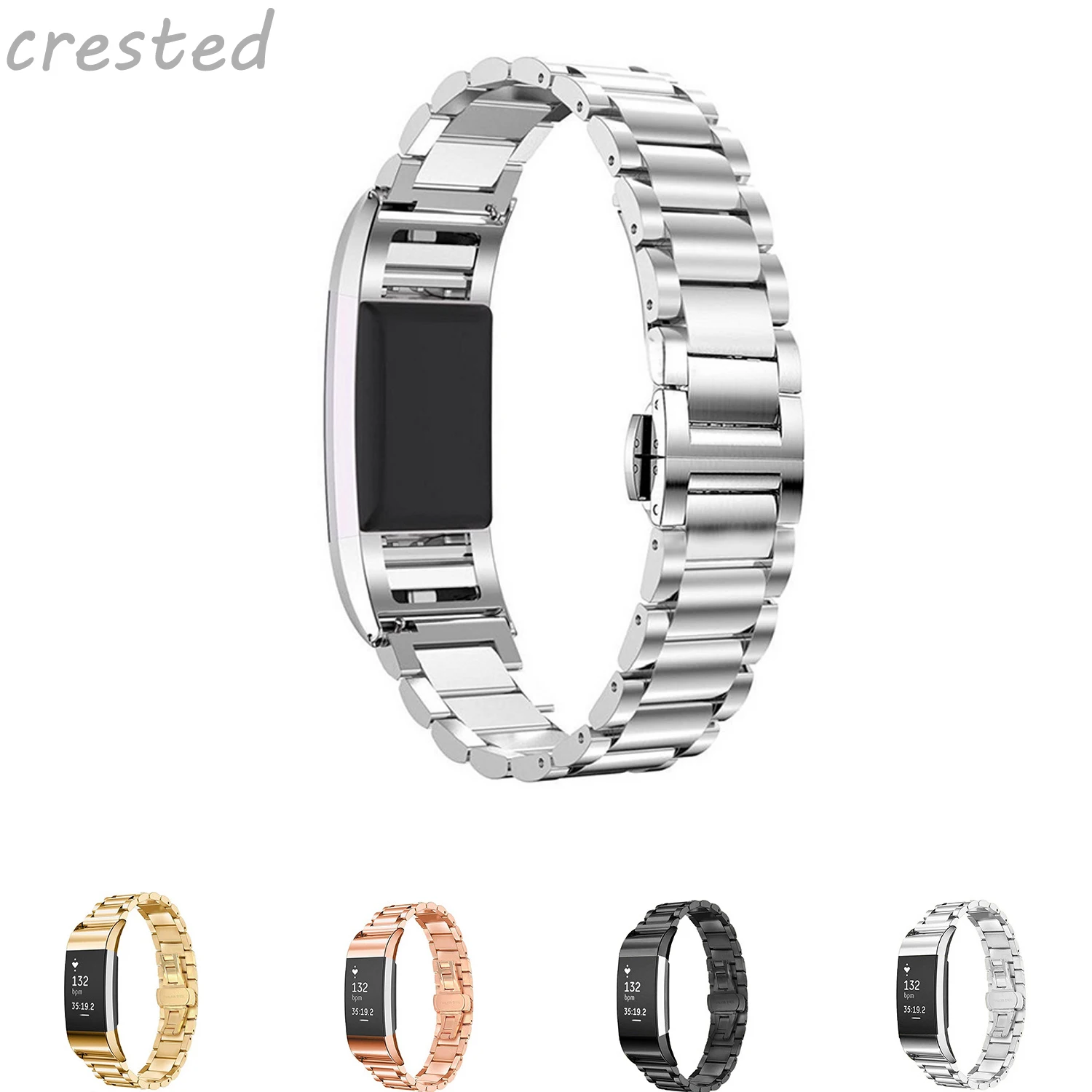 

CRESTED Stainless Steel watch band for fitbit charge 2 replacement strap Wrist band strap Bracelet Link butterfly buckle band