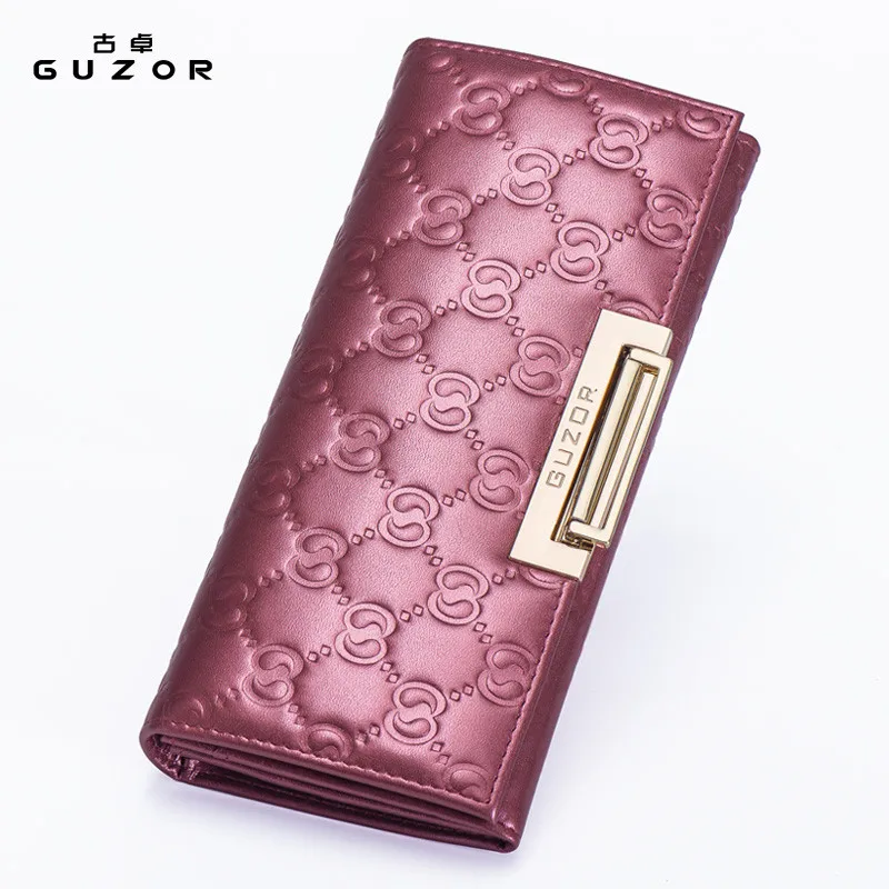 GUZOR Genuine Leather Snap Long Coin Purse Luxury Brand Womens Wallets