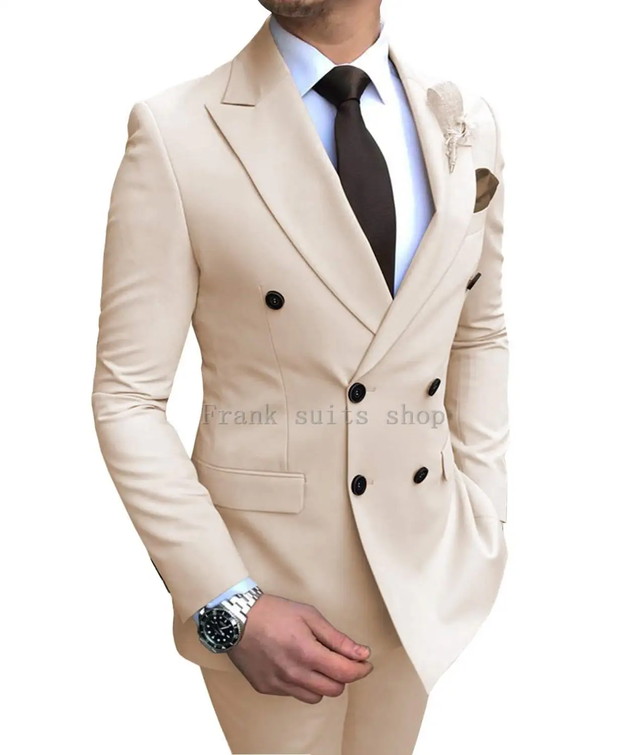 

2019 Custom Made Groomsmen Shawl Lapel Groom Tuxedos Double Breasted Beige Party Suits Wedding Best Man Blazer (Jacket+Pants)