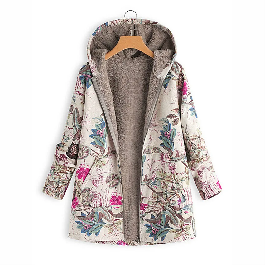 

Hoodies Thicken Velvets Print Parka Coats Women Winter Plus Size Liner Parka Pockets Loose Warm Ladies Down Cotton Coat Autumn
