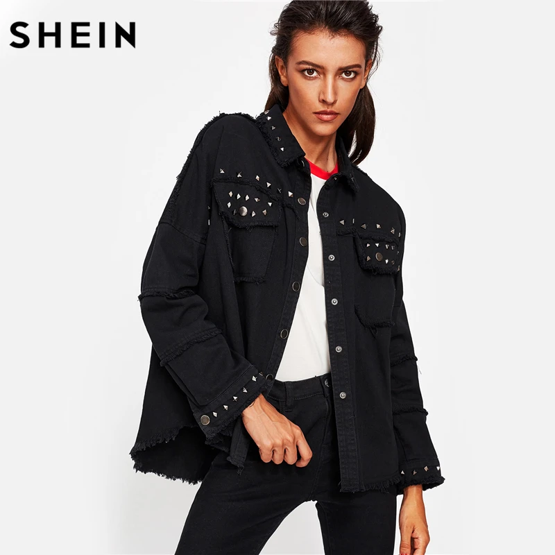 

2019 Studded Frayed Hem Denim Jacket Autumn Women Coats Black Lapel Single Breasted 2019 Women's Jackets and Coats