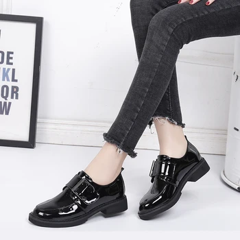 

BeautyFeet New Solid Patent Leather Women Shoes Woman Oxford Leisure Shoes Female Square Low Heels Hoop&Loop Casual Shoes
