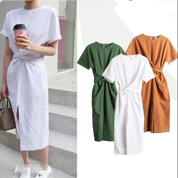 

2018 summer fashion o-neck slim waist short sleeve mid-calf cotton pencil dress